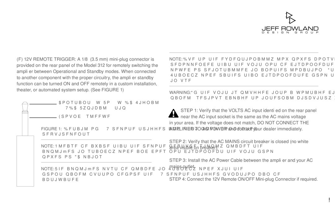 Jeff Rowland Design Group 312 owner manual Constant 3v To 15v DC Signal 12VDC Typical tip Ground sleeve 