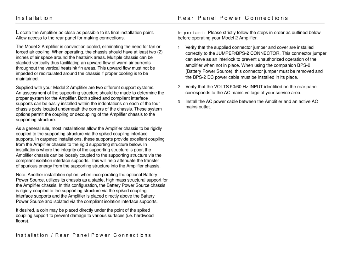 Jeff Rowland Design Group Model 2 manual Installation Rear Panel Power Connections 