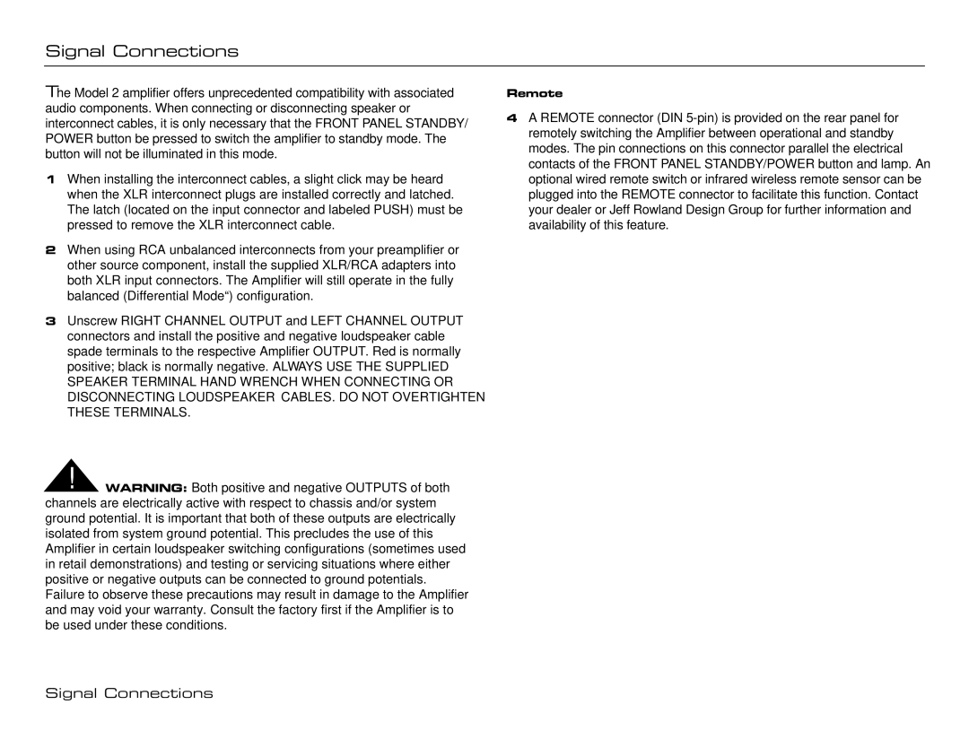 Jeff Rowland Design Group Model 2 manual Signal Connections 