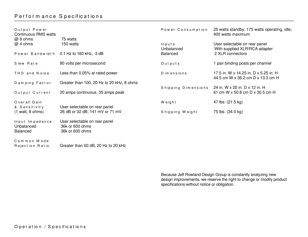 Jeff Rowland Design Group Model 2 manual Performance Specifications 