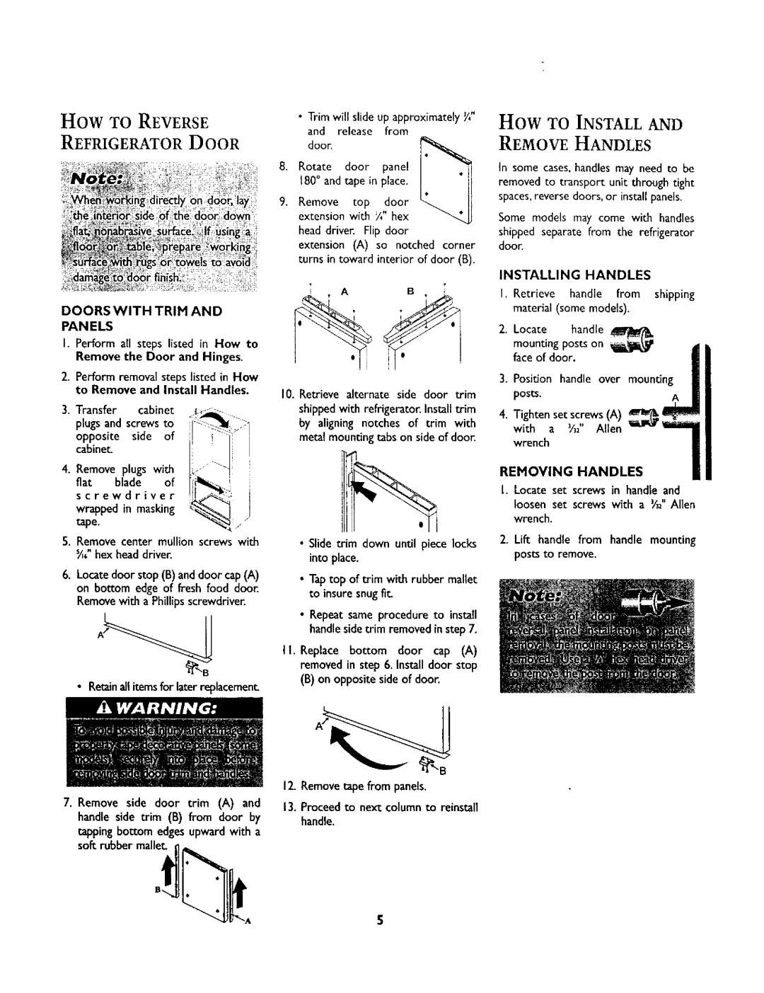 Jenn-Air 12642718 installation instructions Remove Handles, Doors with Trim, Installing Handles, Removing Handles 