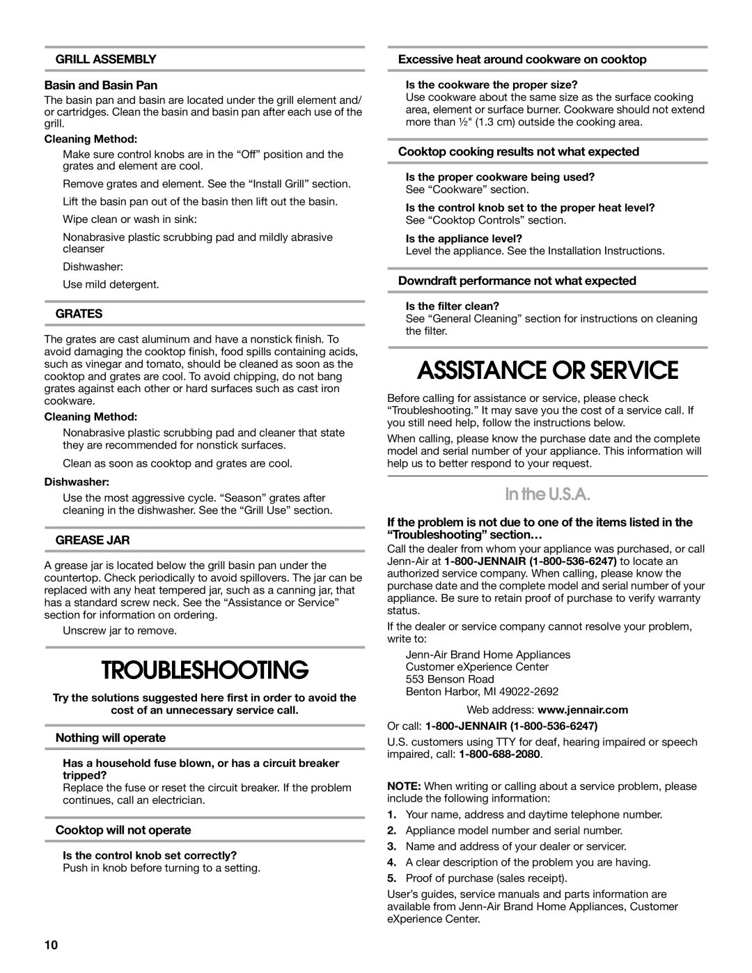 Jenn-Air 20 manual Troubleshooting, Assistance or Service, U.S.A 