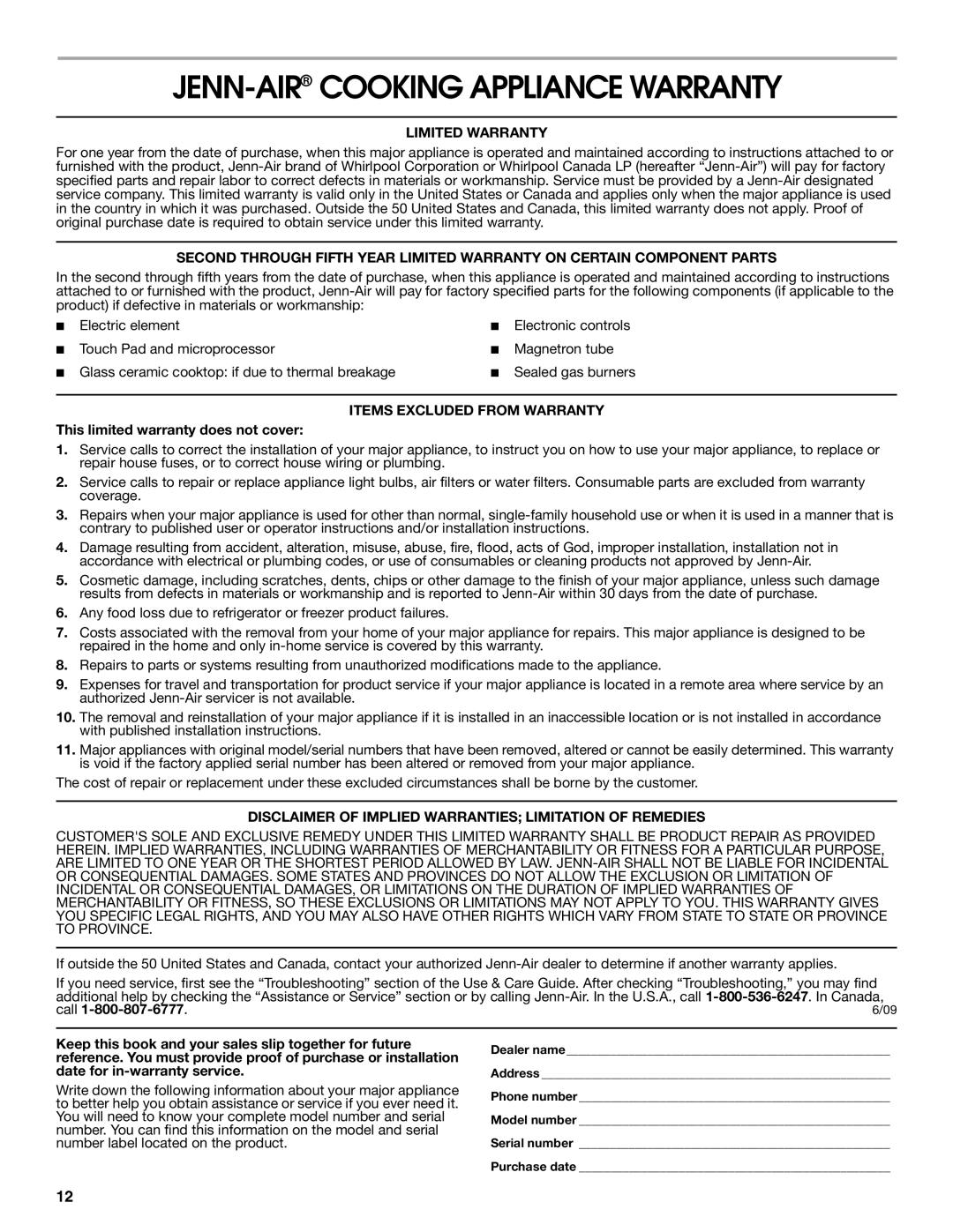 Jenn-Air 20 manual JENN-AIRCOOKING Appliance Warranty, Limited Warranty, Items Excluded from Warranty 