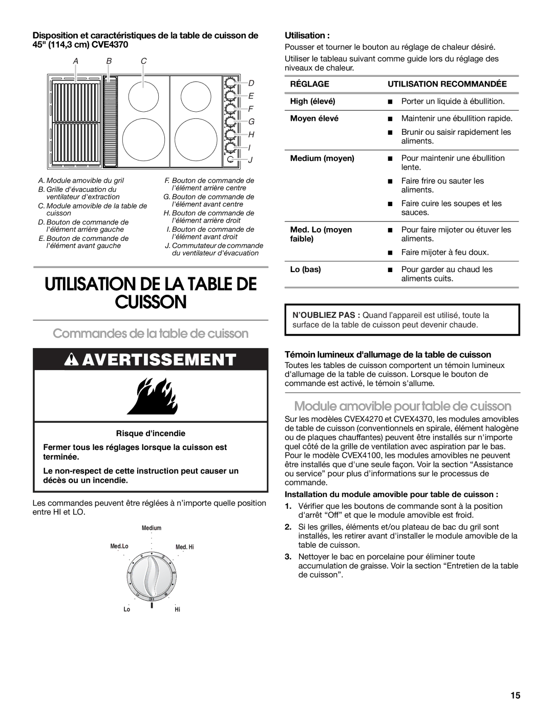 Jenn-Air 20 manual Cuisson, Commandes de la table de cuisson, Module amovible pour table de cuisson 