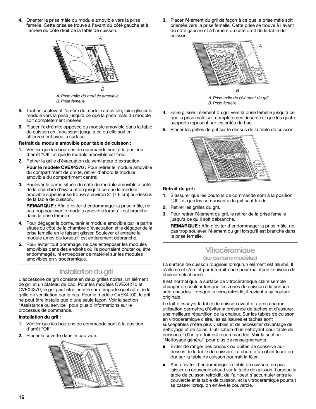 Jenn-Air 20 manual Installation du gril, Vitrocéramique, Retrait du module amovible pour table de cuisson, Retrait du gril 