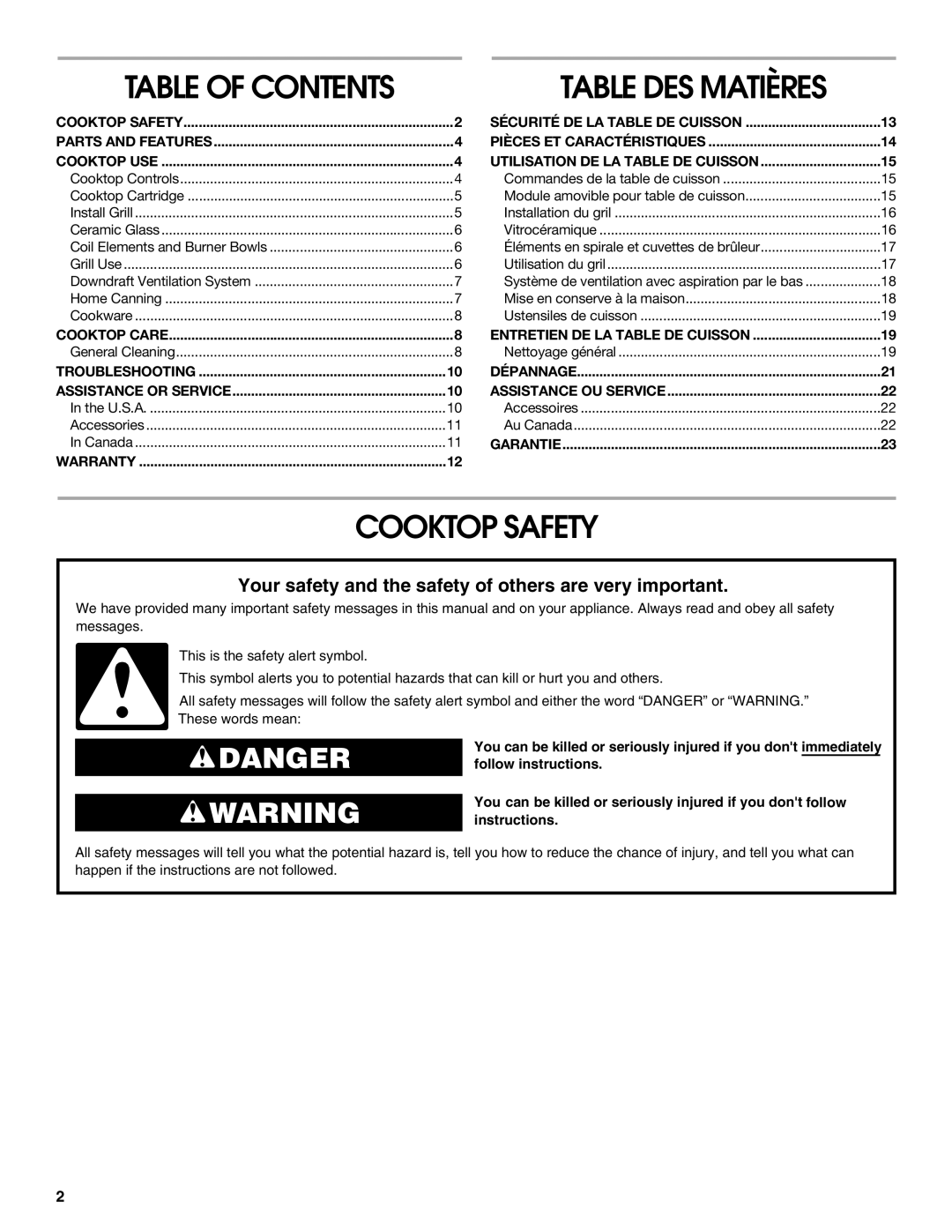 Jenn-Air 20 manual Table DES Matières, Cooktop Safety, Cooktop Care Entretien DE LA Table DE Cuisson, Garantie Warranty 