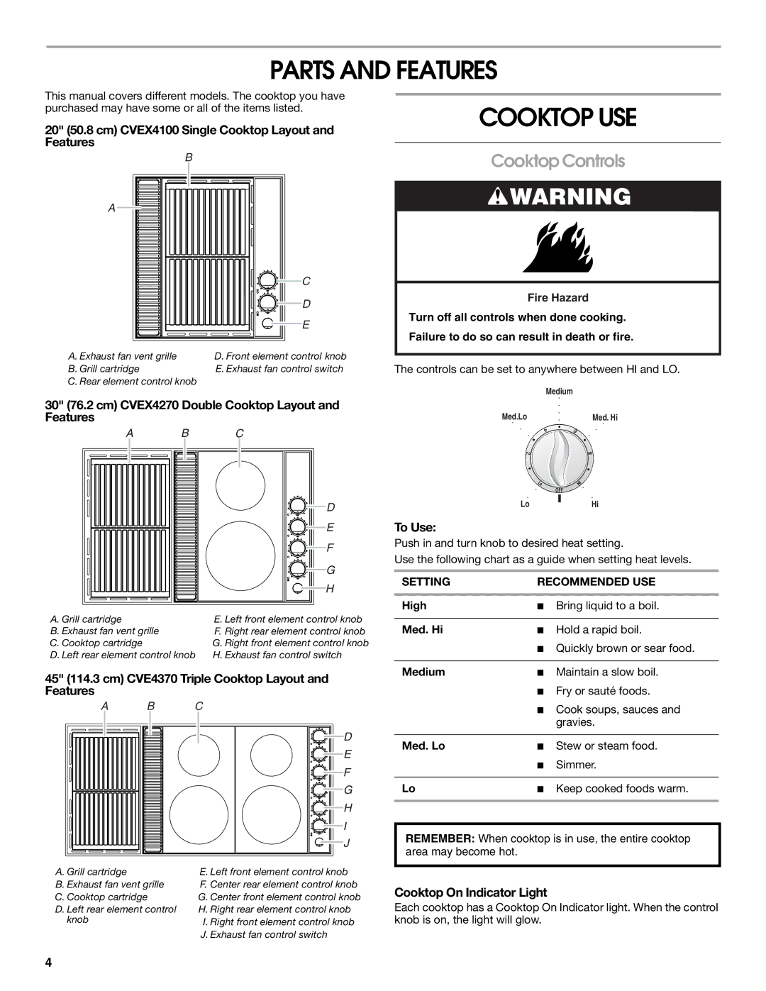 Jenn-Air 20 manual Parts and Features, Cooktop USE, Cooktop Controls 