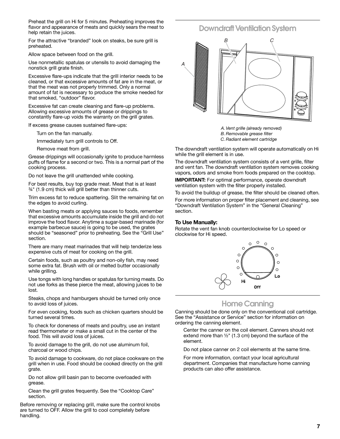 Jenn-Air 20 manual Downdraft Ventilation System, Home Canning, To Use Manually 