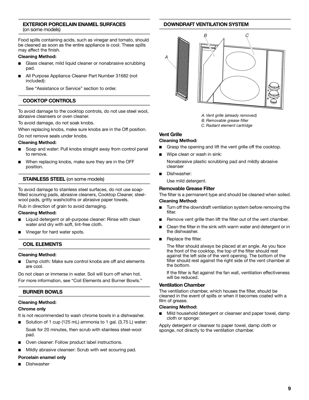 Jenn-Air 20 manual Exterior Porcelain Enamel Surfaces, Cooktop Controls, Coil Elements, Burner Bowls 