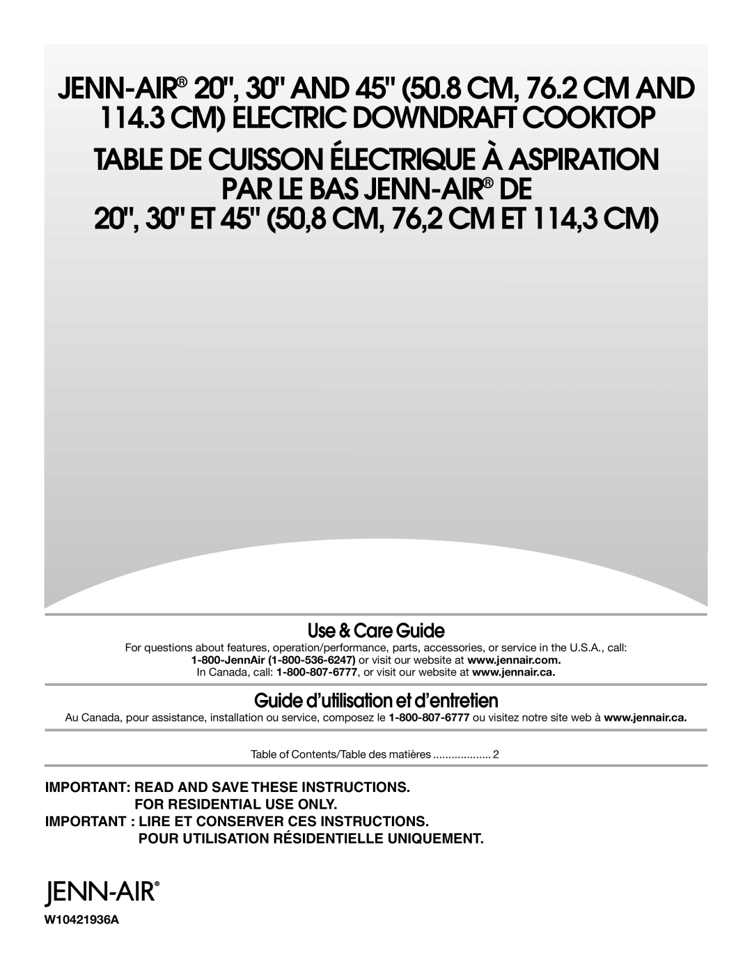 Jenn-Air 20 manual Use & Care Guide, Guide d’utilisation et d’entretien, W10421936A, Cm Electric Downdraft Cooktop 