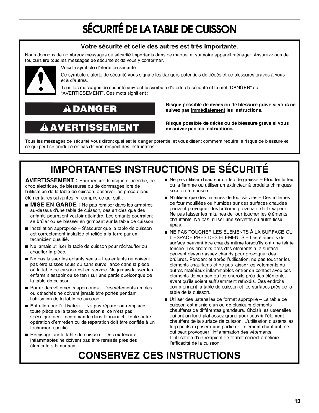 Jenn-Air 20 manual Sécurité De La Table De Cuisson, Importantes Instructions De Sécurité, Conservez Ces Instructions 