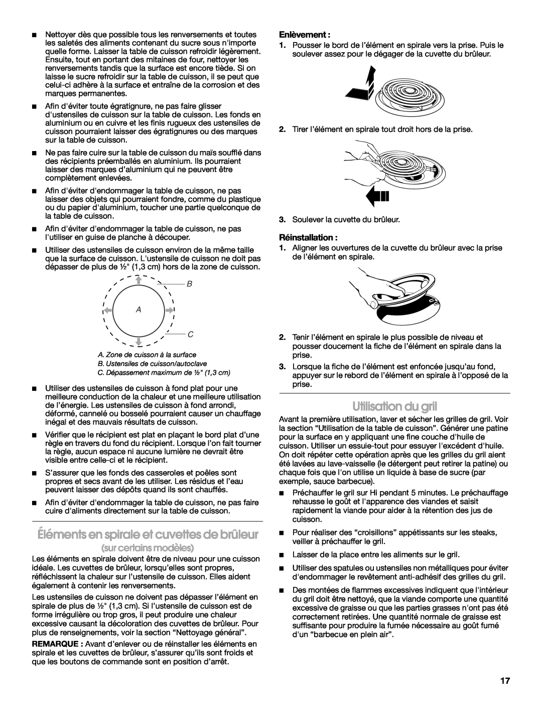Jenn-Air 20 manual Éléments en spirale et cuvettes de brûleur, Utilisation du gril, Enlèvement, Réinstallation, B A C 