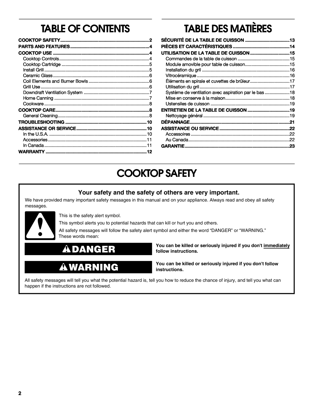 Jenn-Air 20 Table Des Matières, Cooktop Safety, Danger, Table Of Contents, Sécurité De La Table De Cuisson, Cooktop Use 