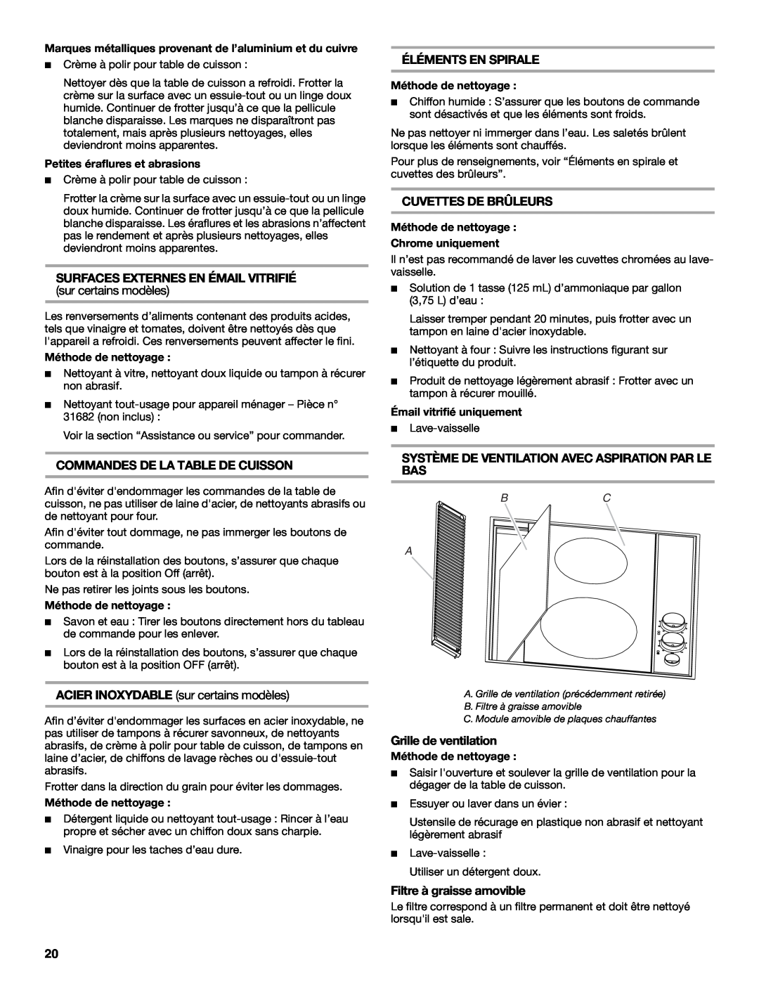 Jenn-Air 20 manual Surfaces Externes En Émail Vitrifié, sur certains modèles, Commandes De La Table De Cuisson, Bc A 