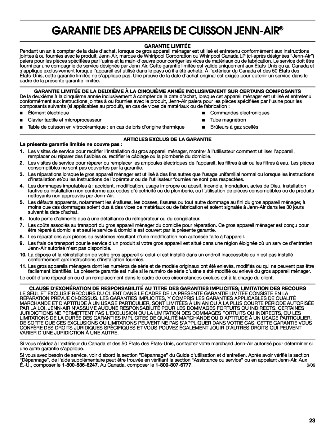 Jenn-Air 20 manual Garantie Des Appareils De Cuisson Jenn-Air, Garantie Limitée, Articles Exclus De La Garantie 