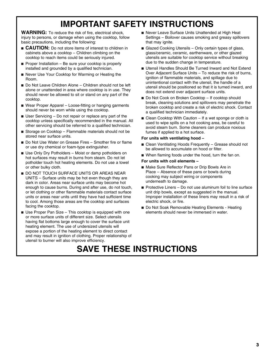 Jenn-Air 20 manual Important Safety Instructions, Save These Instructions, For units with ventilating hood 