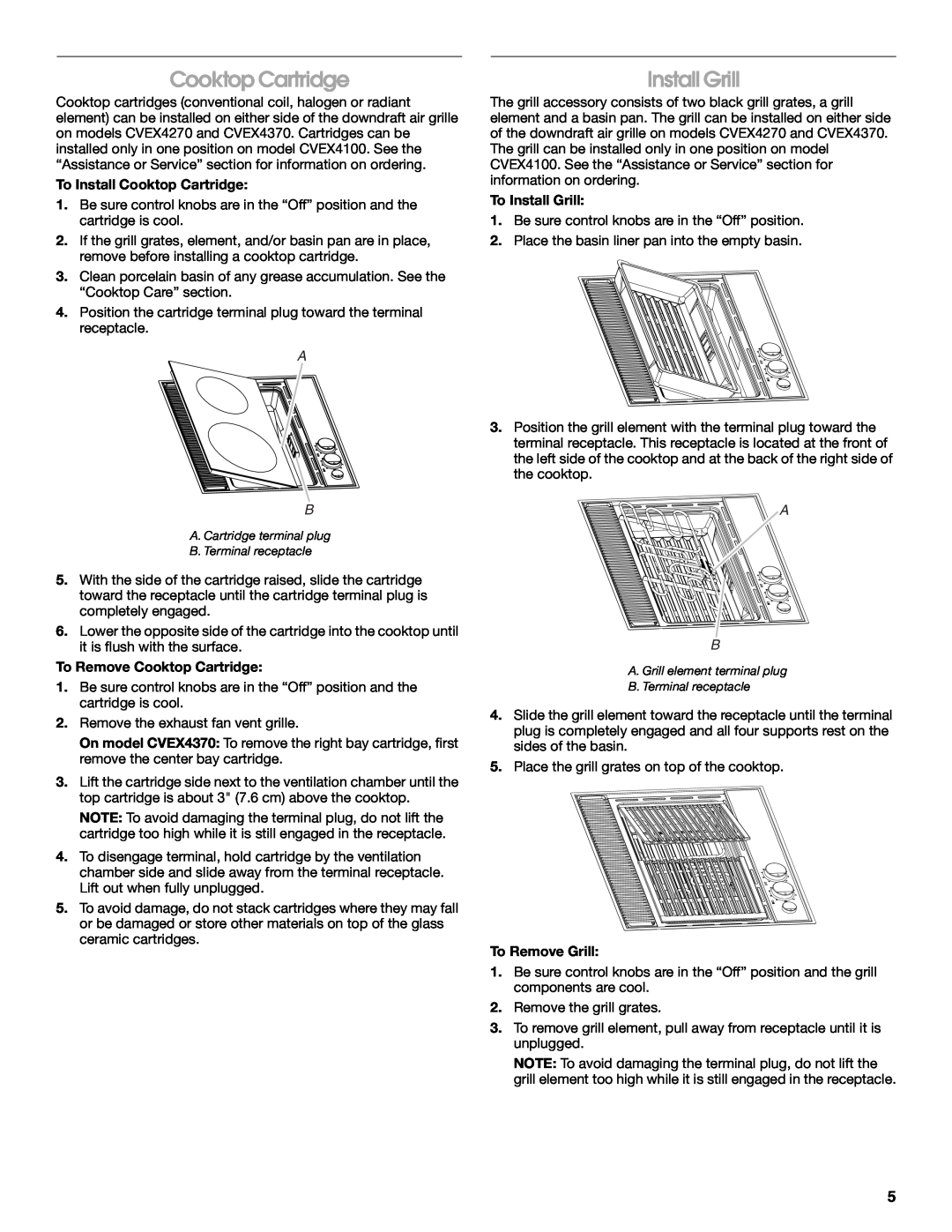 Jenn-Air 20 manual To Install Cooktop Cartridge, To Remove Cooktop Cartridge, To Install Grill, To Remove Grill 