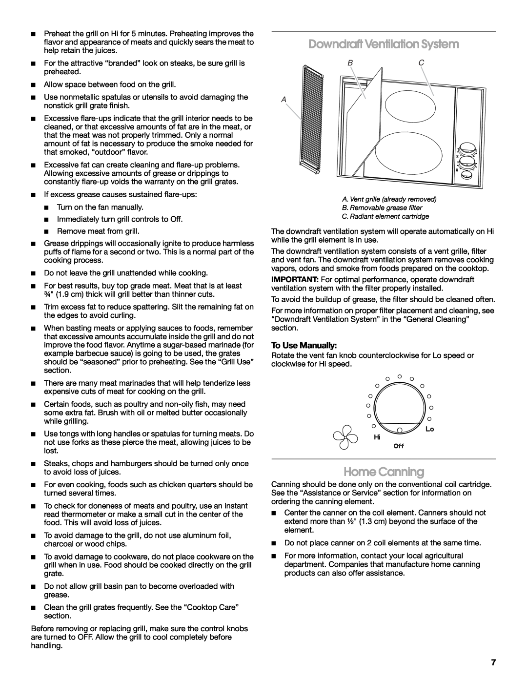 Jenn-Air 20 manual Downdraft Ventilation System, Home Canning, To Use Manually, Bc A 