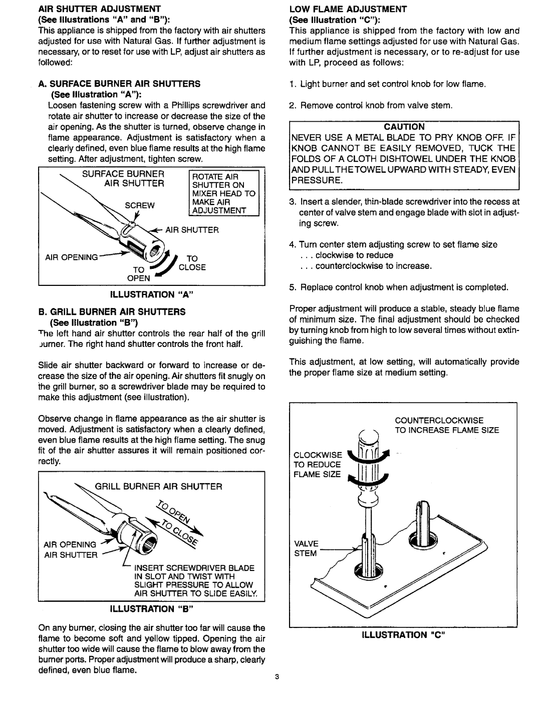 Jenn-Air 209240 installation instructions AIR Shutter Adjustment, LOW Flame Adjustment, Illustration C 