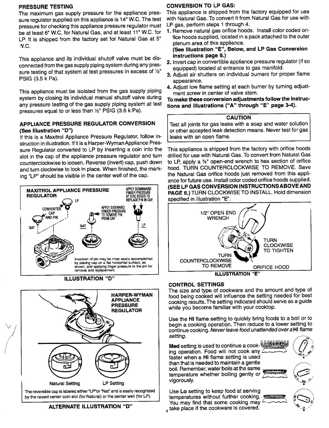 Jenn-Air 209240 Pressure Testing, Conversion to LP GAS, Regulator, Illustration E Illustration D, Alternate Illustration D 