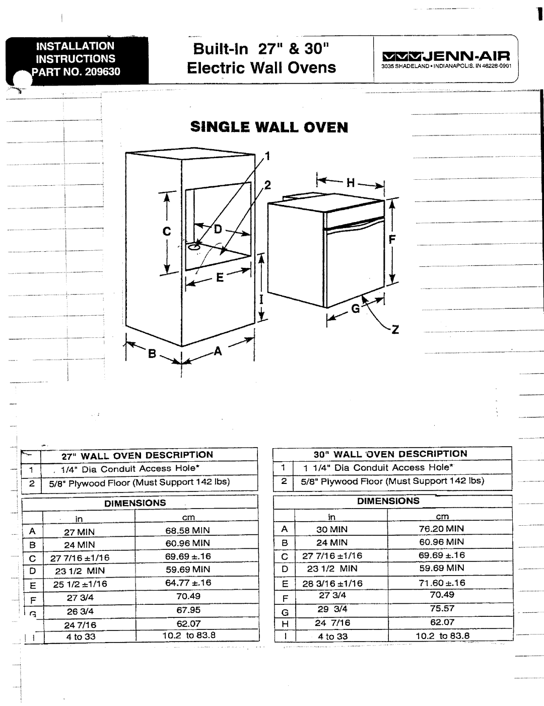 Jenn-Air 209630 dimensions Oven Description Wall Dimensions 