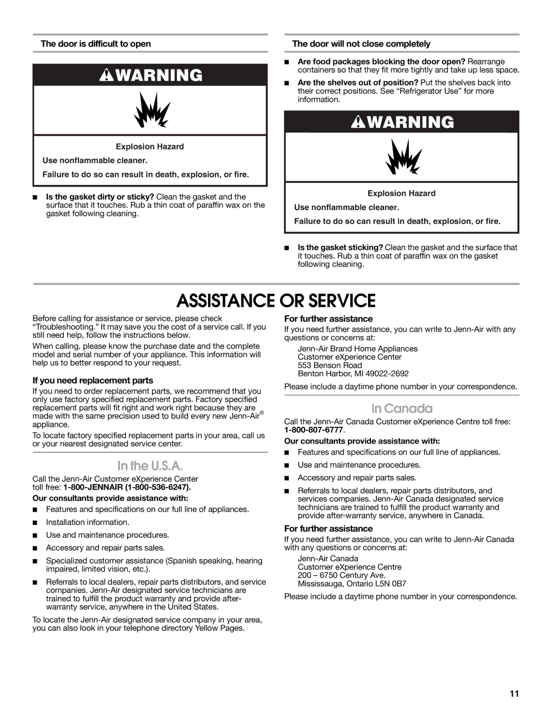 Jenn-Air 2300279C manual Assistance or Service, U.S.A, Canada 