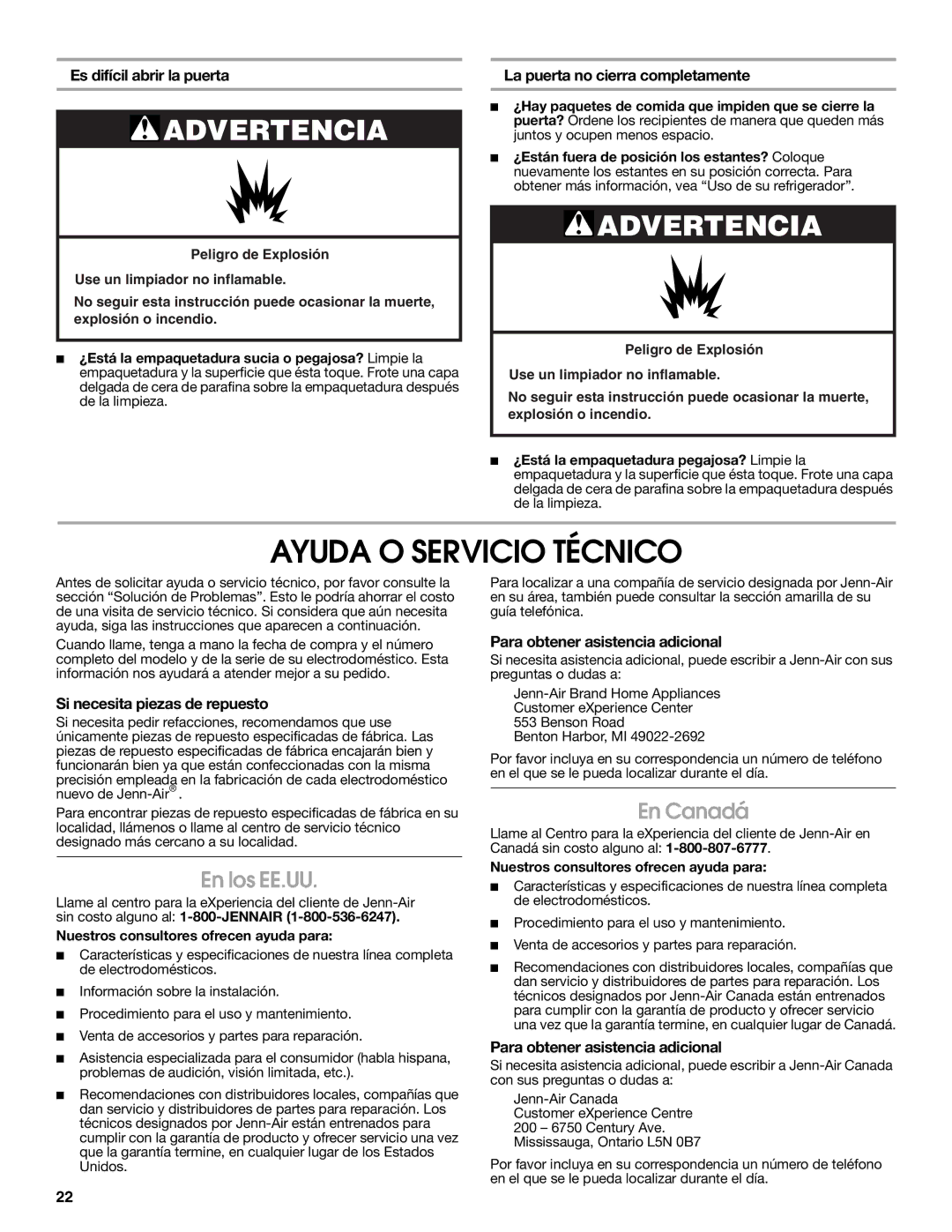 Jenn-Air 2300279C manual Ayuda O Servicio Técnico, En los EE.UU, En Canadá 