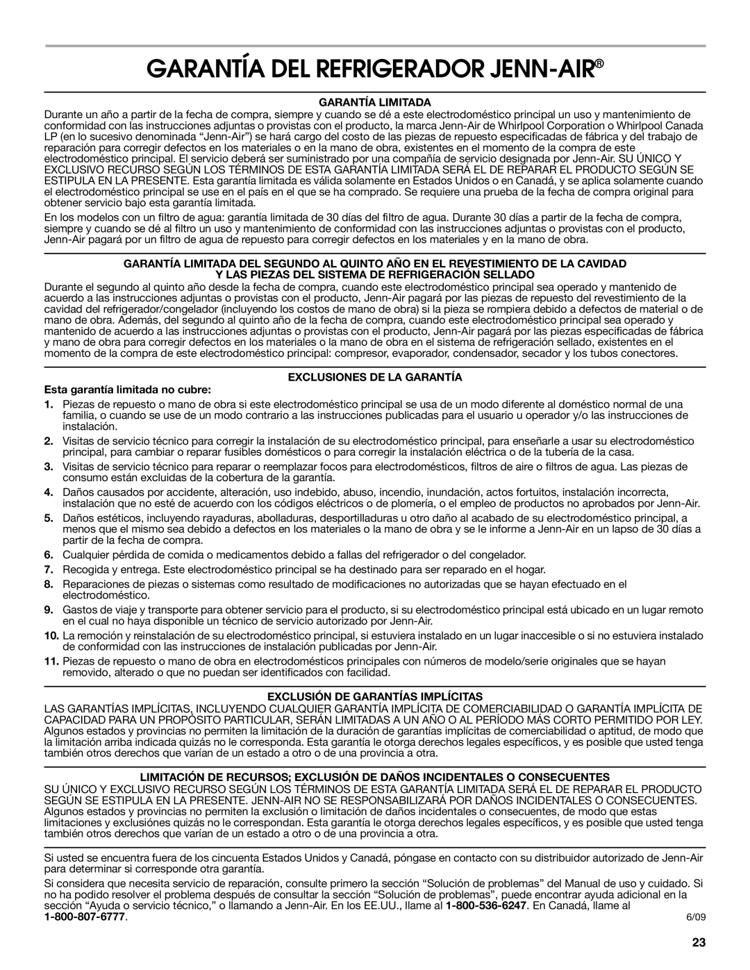 Jenn-Air 2300279C manual Garantía DEL Refrigerador JENN-AIR, Garantía Limitada, Exclusiones DE LA Garantía 