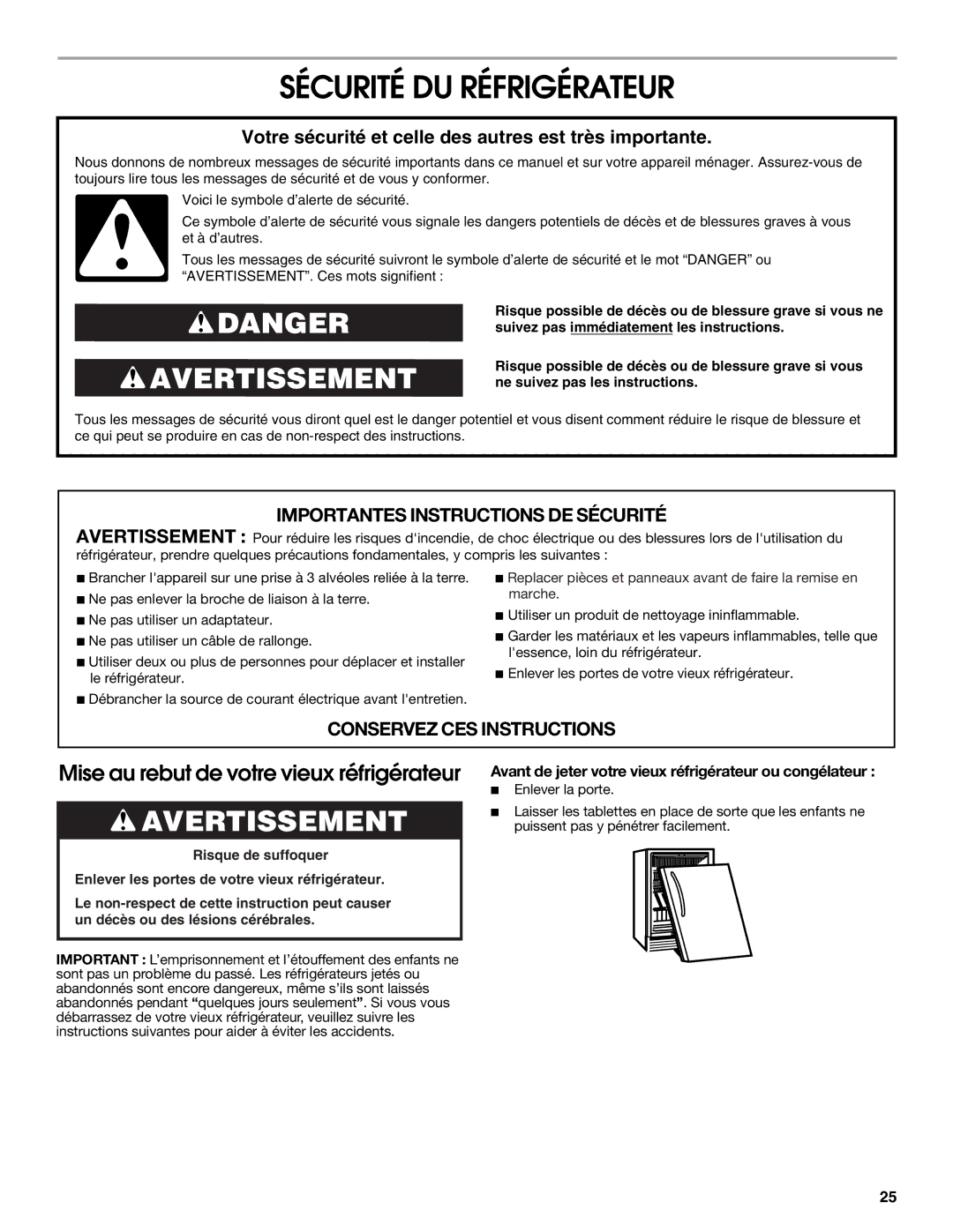 Jenn-Air 2300279C manual Sécurité DU Réfrigérateur, Avant de jeter votre vieux réfrigérateur ou congélateur 