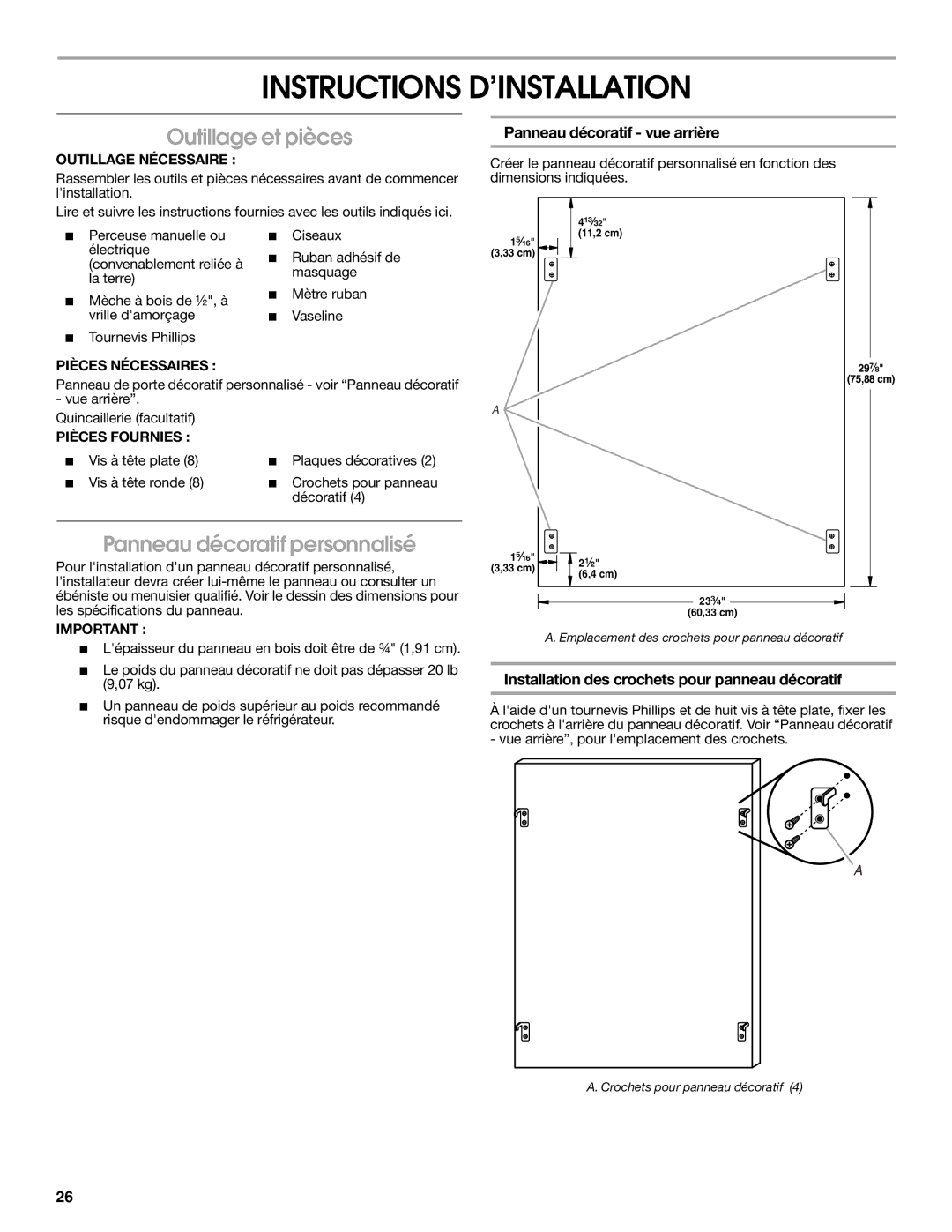 Jenn-Air 2300279C manual Instructions D’INSTALLATION, Outillage et pièces, Panneau décoratif personnalisé 