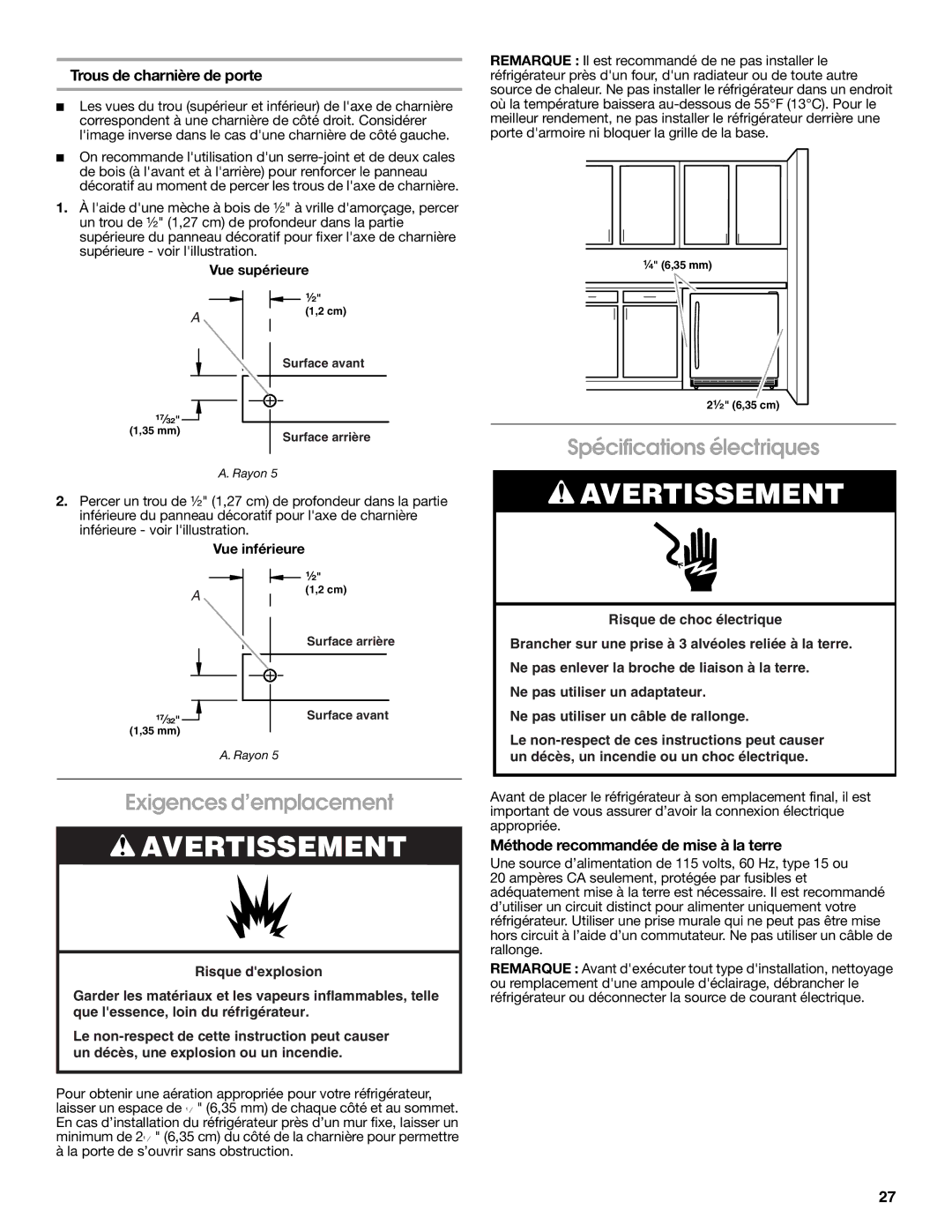 Jenn-Air 2300279C manual Spécifications électriques, Exigences d’emplacement, Trous de charnière de porte 