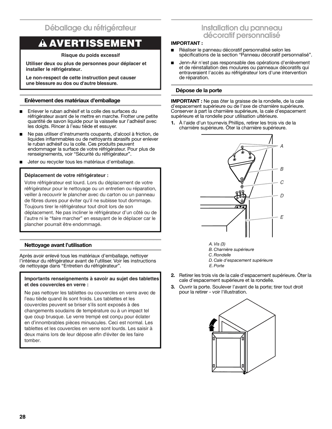 Jenn-Air 2300279C manual Déballage du réfrigérateur, Installation du panneau décoratif personnalisé, Dépose de la porte 