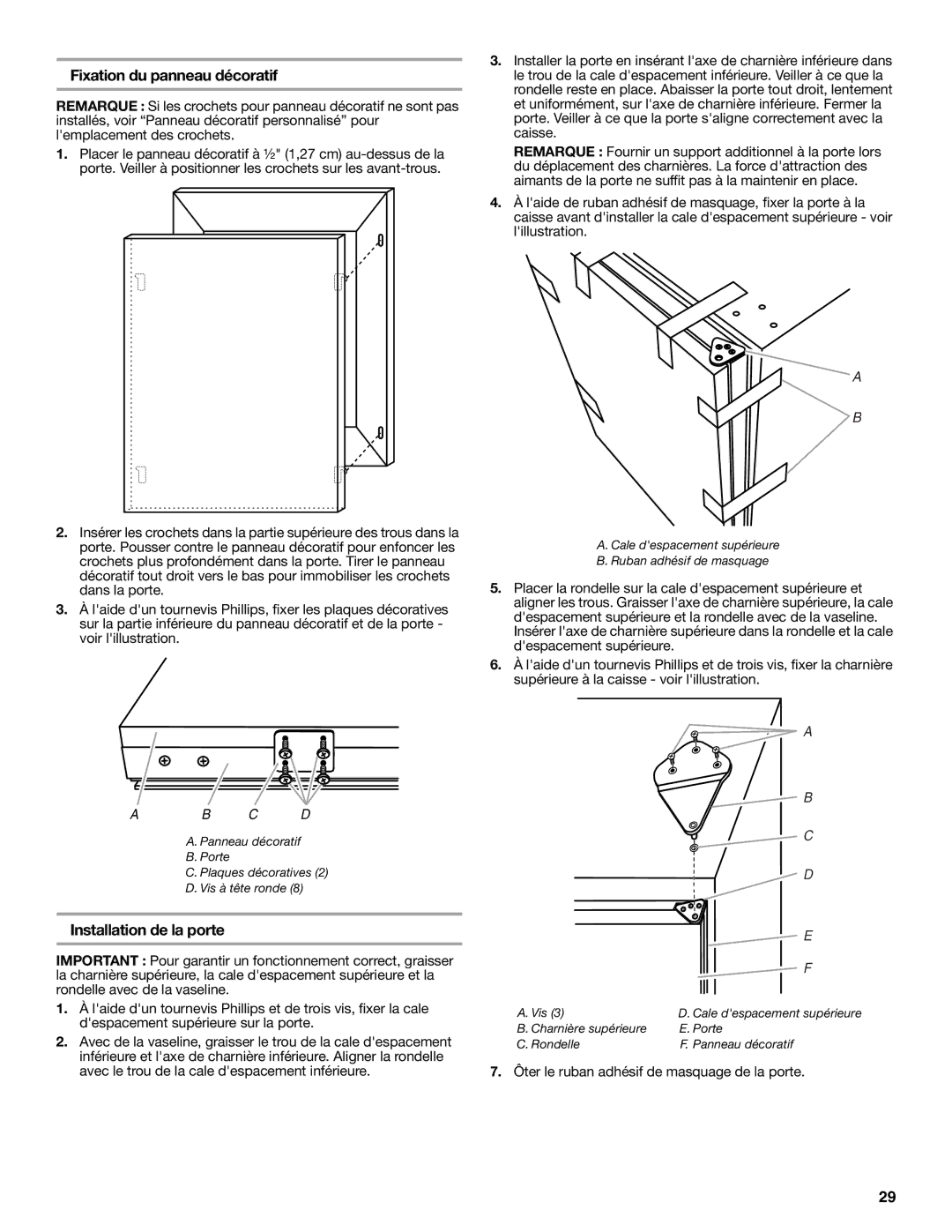 Jenn-Air 2300279C manual Fixation du panneau décoratif, Installation de la porte 