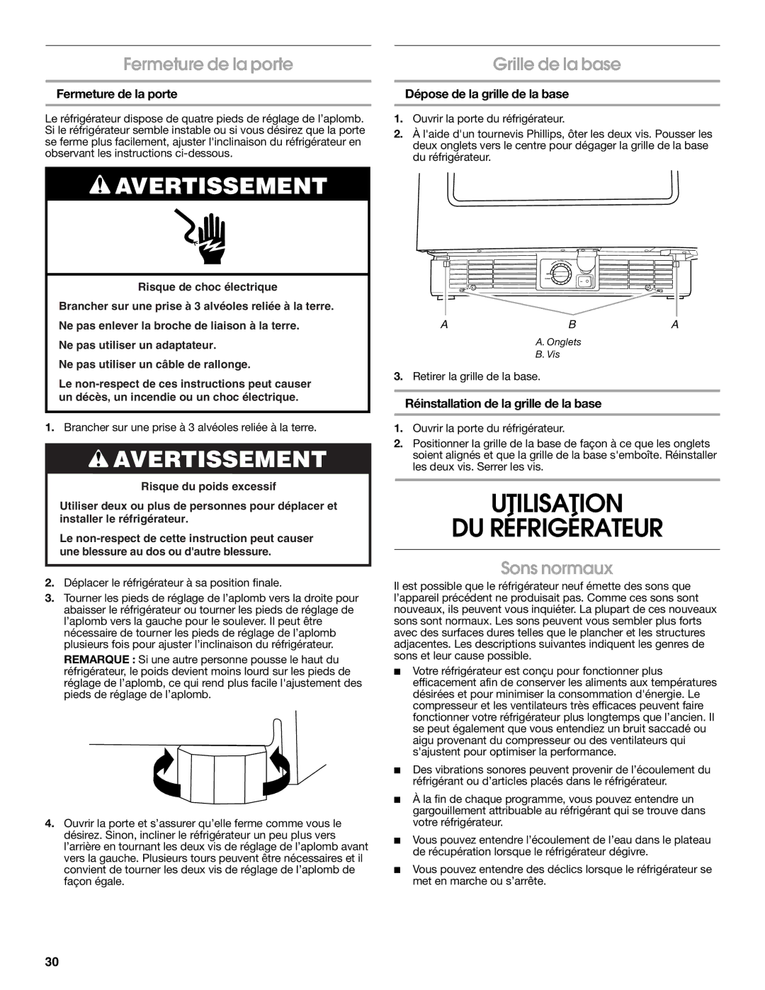 Jenn-Air 2300279C manual Utilisation DU Réfrigérateur, Fermeture de la porte Grille de la base, Sons normaux 