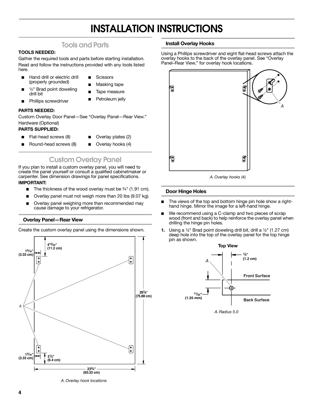 Jenn-Air 2300279C manual Installation Instructions, Tools and Parts, Custom Overlay Panel 