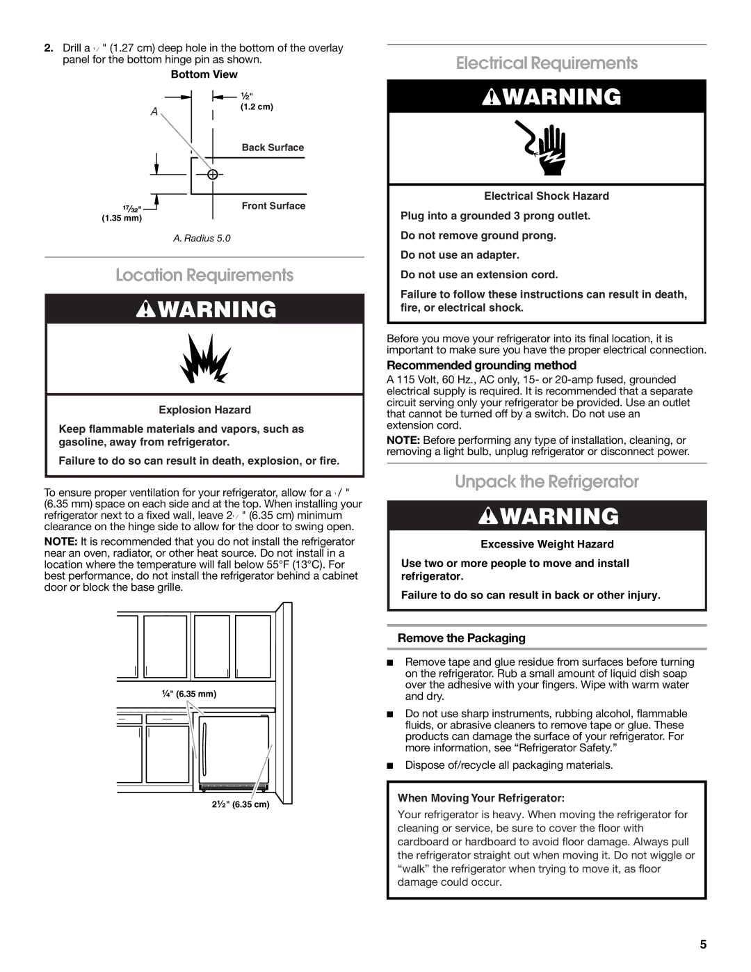 Jenn-Air 2300279C Electrical Requirements, Location Requirements, Unpack the Refrigerator, Recommended grounding method 