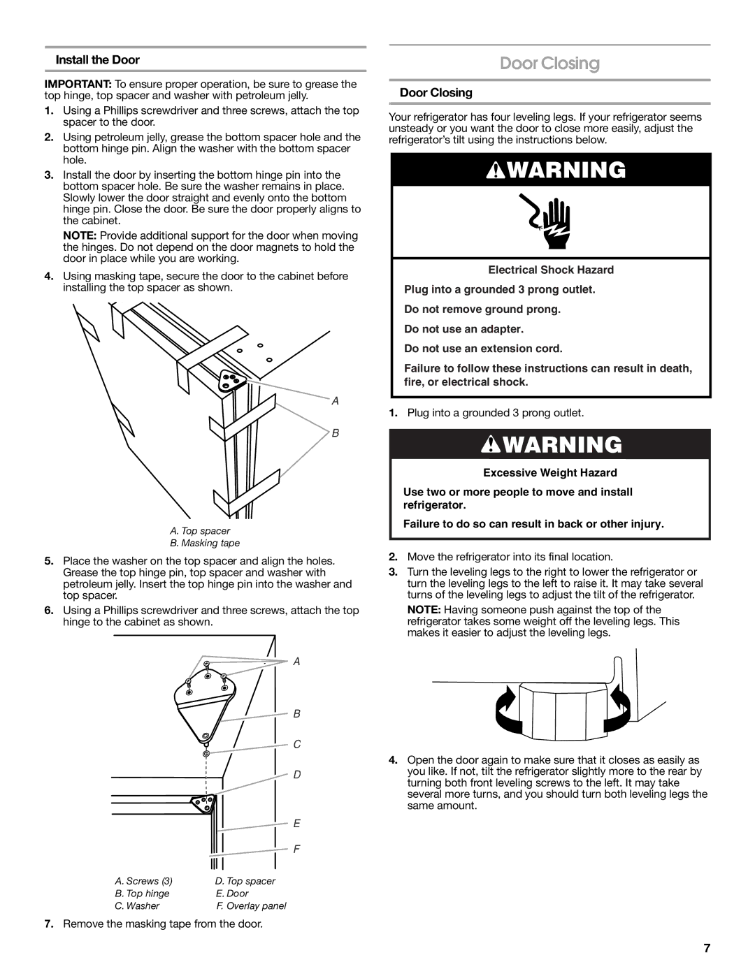 Jenn-Air 2300279C manual Door Closing, Install the Door 