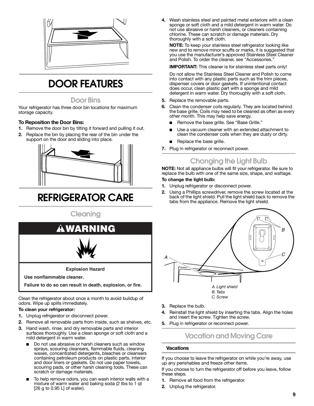 Jenn-Air 2300279C manual Door Features, Refrigerator Care 