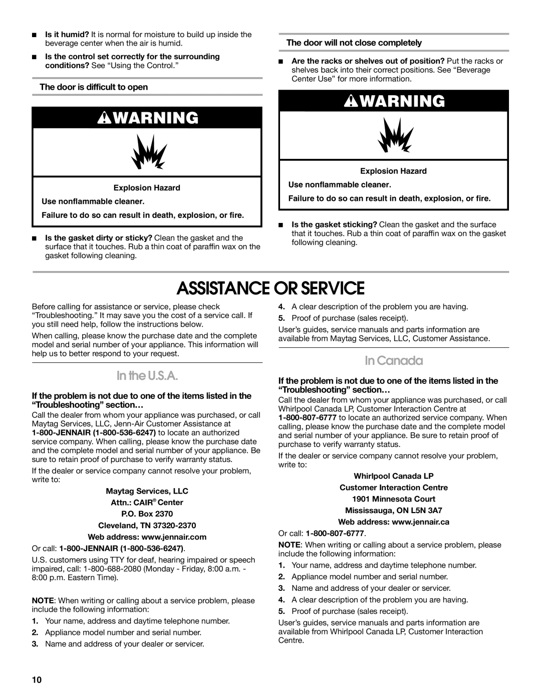 Jenn-Air 2300280B manual Assistance or Service, U.S.A, Canada, Door is difficult to open, Door will not close completely 