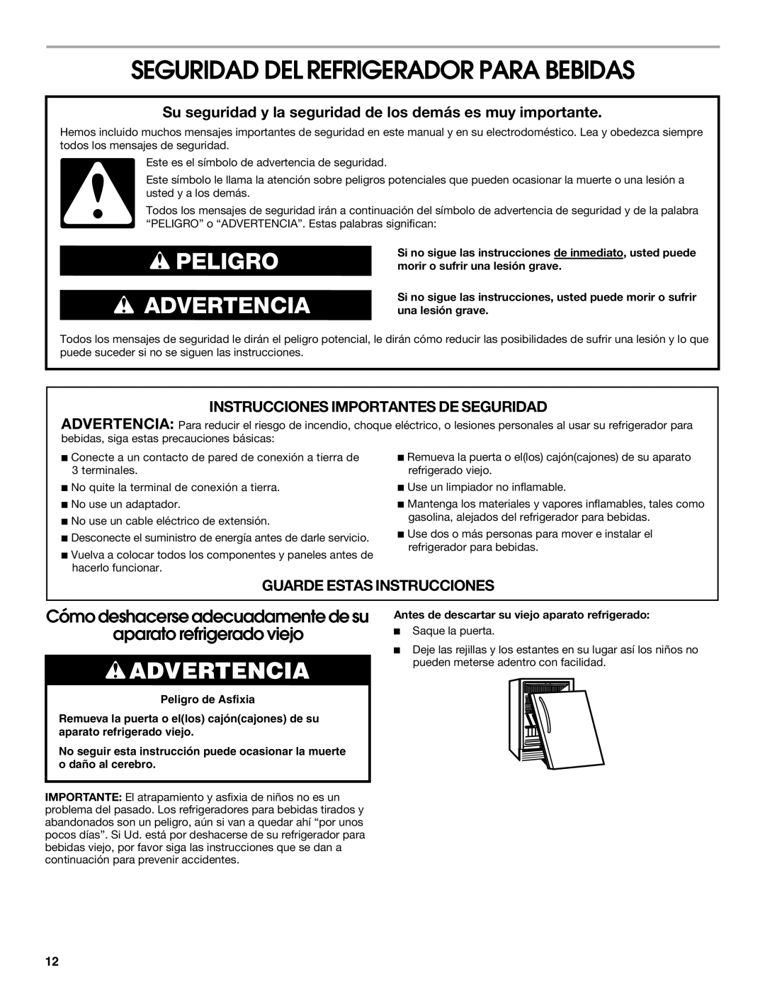 Jenn-Air 2300280B, 8.34E+12 manual Seguridad DEL Refrigerador Para Bebidas, Antes de descartar su viejo aparato refrigerado 