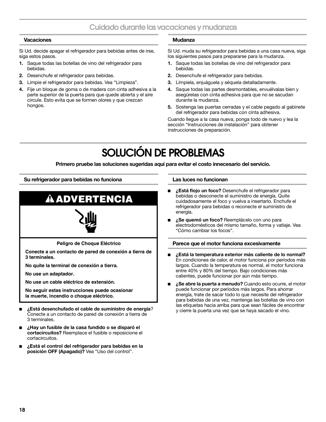 Jenn-Air 2300280B, 8.34E+12 manual Solución DE Problemas, Cuidado durante las vacaciones y mudanzas, Vacaciones Mudanza 