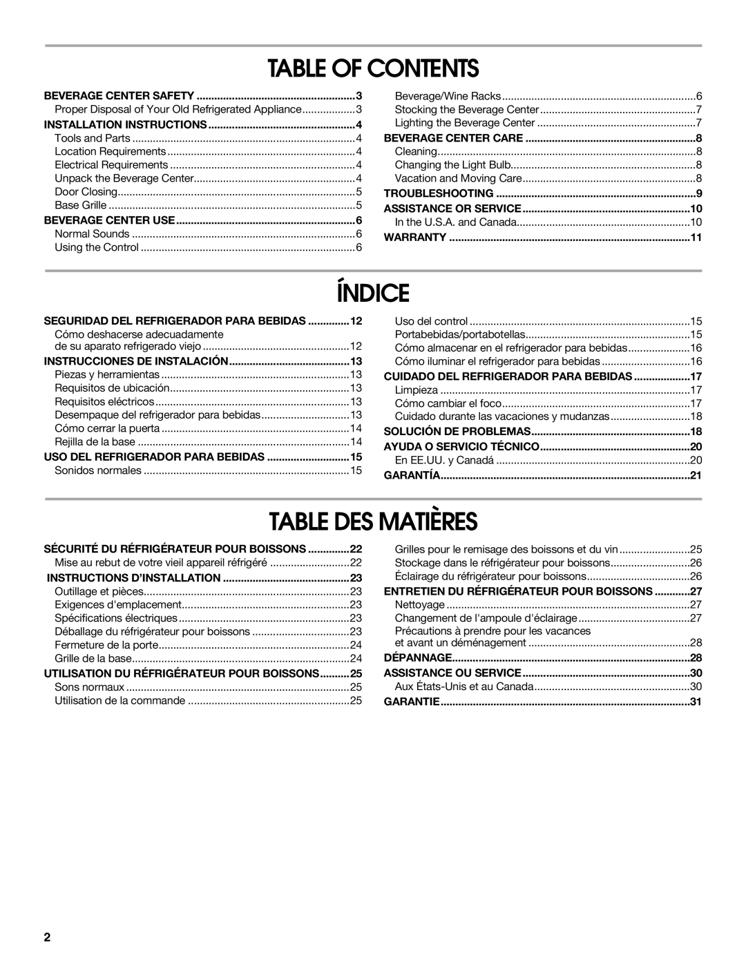 Jenn-Air 2300280B, 8.34E+12 manual Table of Contents, Índice, Table DES Matières 