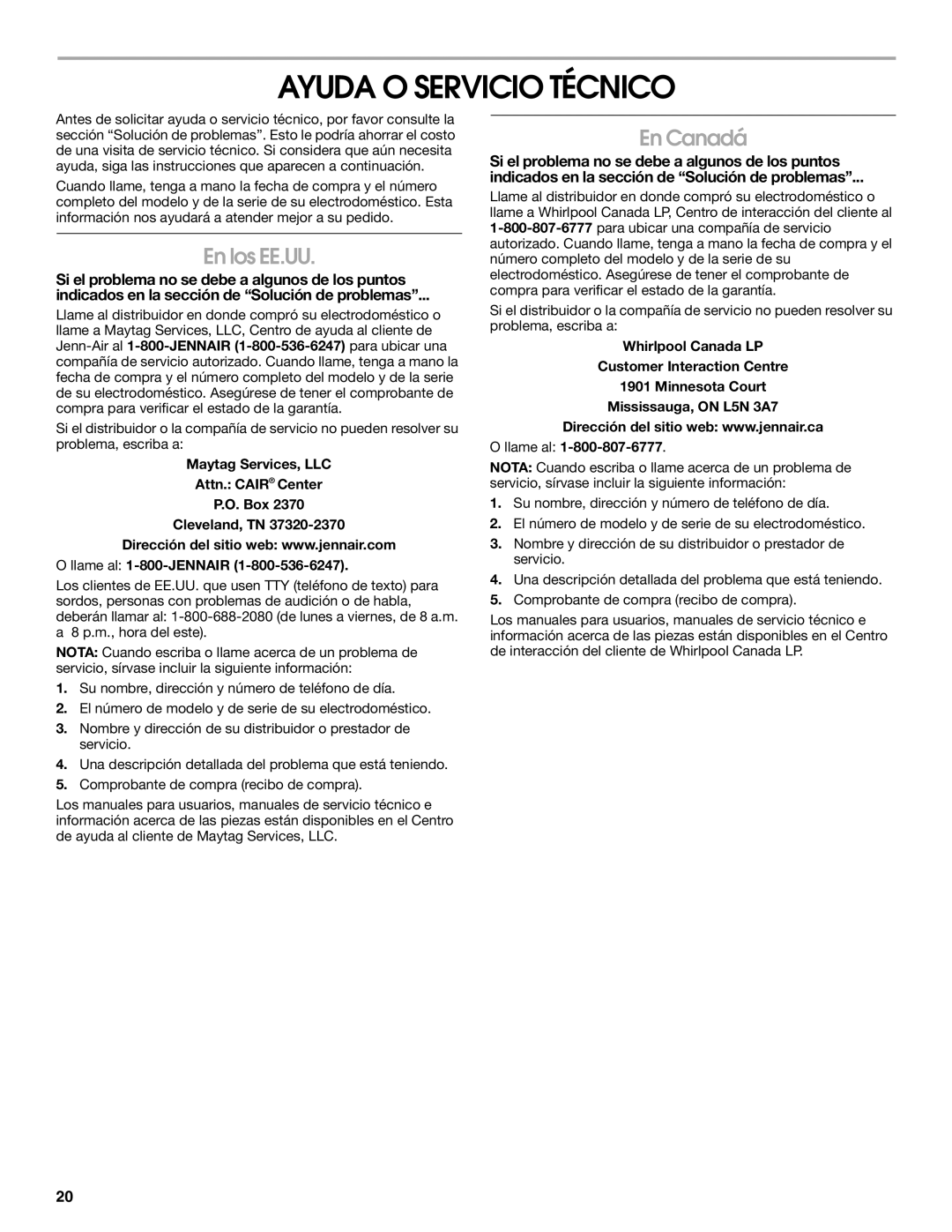 Jenn-Air 2300280B, 8.34E+12 manual Ayuda O Servicio Técnico, En los EE.UU, En Canadá 