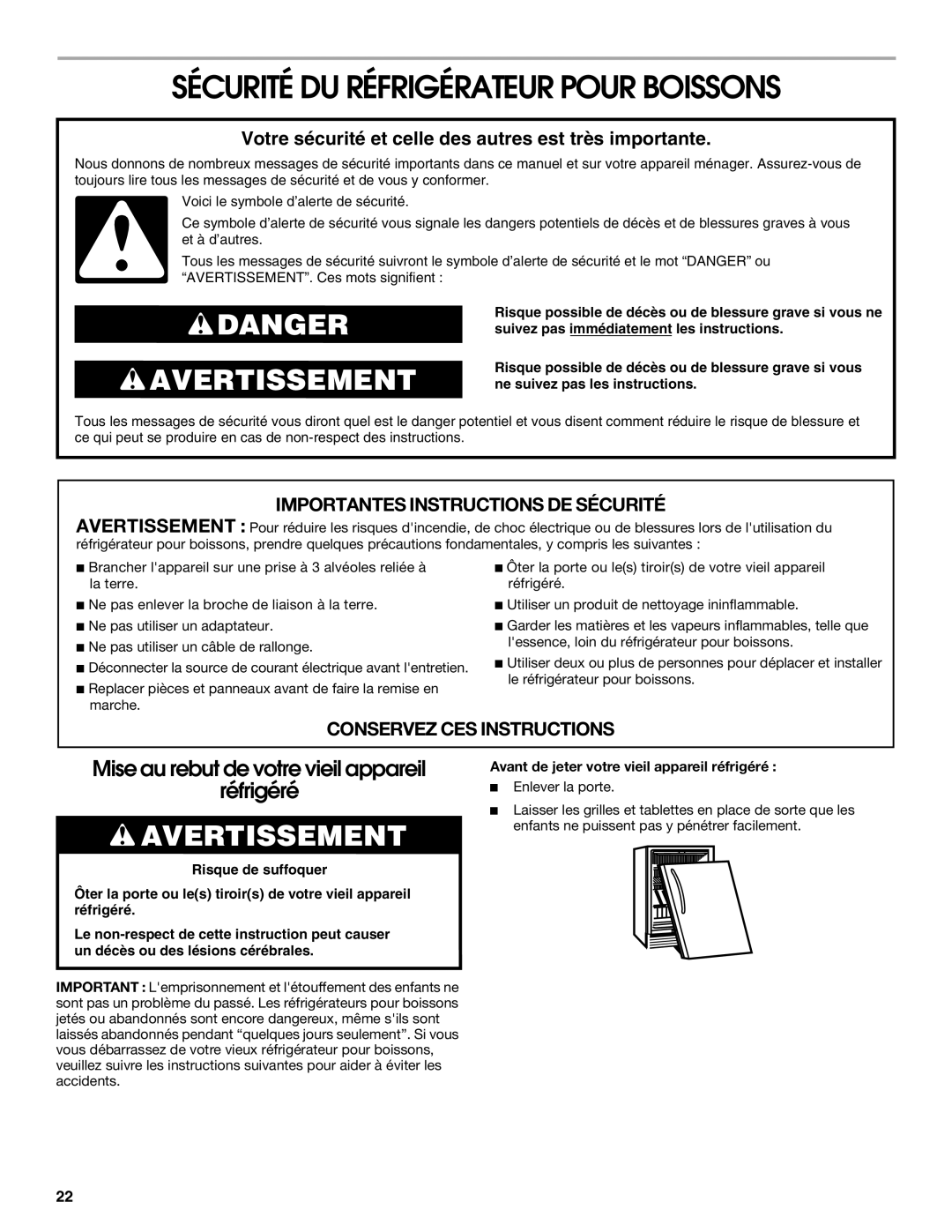 Jenn-Air 2300280B, 8.34E+12 manual Sécurité DU Réfrigérateur Pour Boissons, Avant de jeter votre vieil appareil réfrigéré 