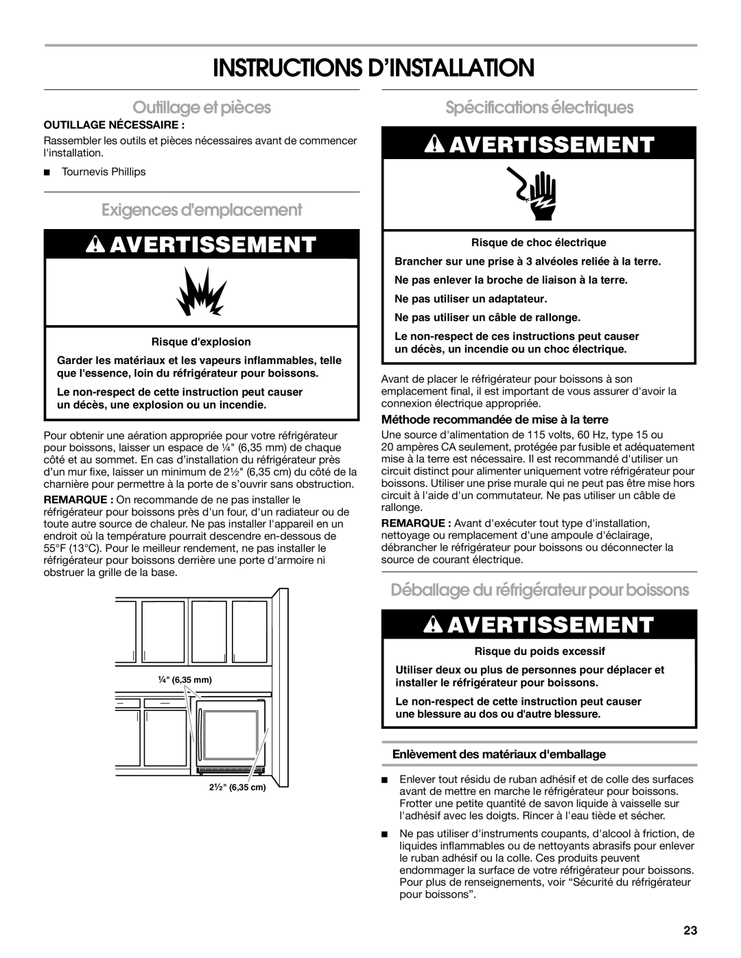 Jenn-Air 8.34E+12 Instructions D’INSTALLATION, Outillage et pièces, Exigences demplacement, Spécifications électriques 