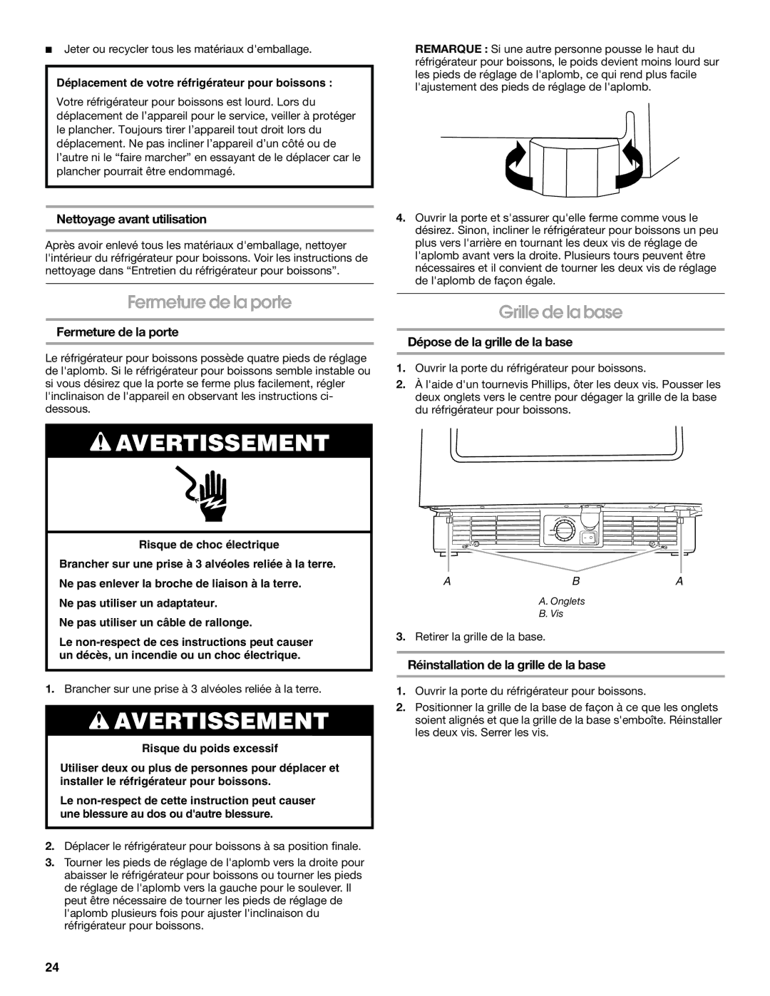 Jenn-Air 2300280B, 8.34E+12 manual Fermeture de la porte, Grille de la base 