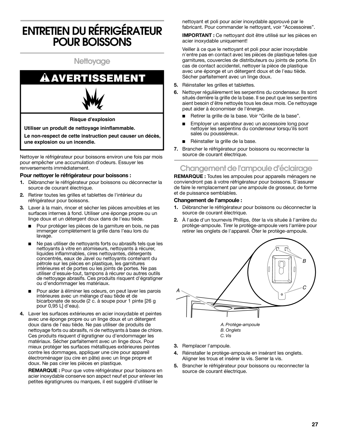 Jenn-Air 8.34E+12, 2300280B manual Pour Boissons, Nettoyage, Changement de lampoule déclairage 