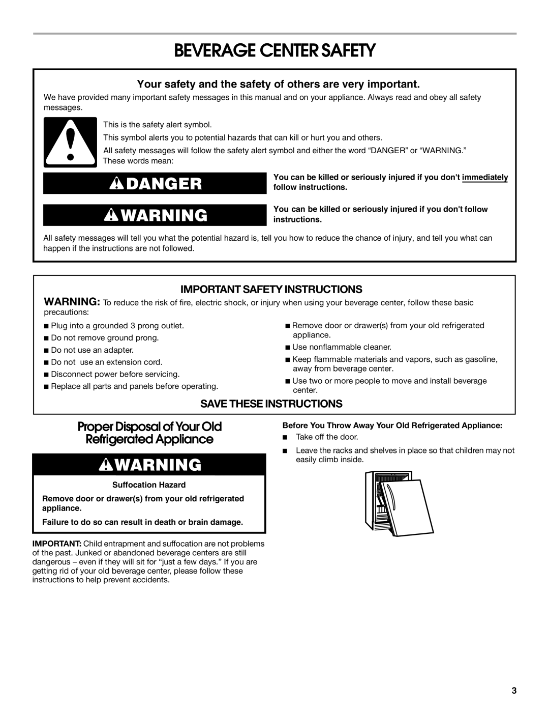 Jenn-Air 8.34E+12, 2300280B manual Beverage Center Safety, Before You Throw Away Your Old Refrigerated Appliance 