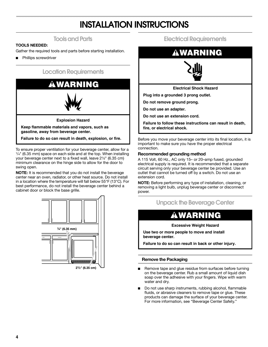 Jenn-Air 2300280B, 8.34E+12 Installation Instructions, Tools and Parts, Location Requirements, Electrical Requirements 