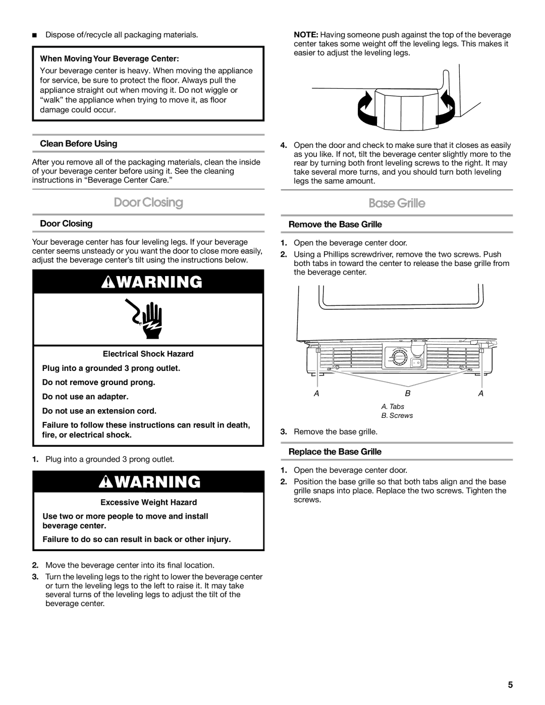 Jenn-Air 8.34E+12, 2300280B Door Closing Base Grille, Clean Before Using, Remove the Base Grille, Replace the Base Grille 